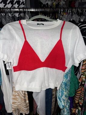 wild fable White Short-Sleeve Top with Red Knit Bralette Overlay